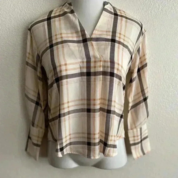 🆕Ann Taylor Whitecap Plaid Button-Cuff V-Neck Top XXS🆕 - Picture 2 of 11